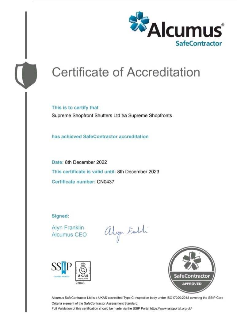 Supreme Shopfronts achieves Safe Contractor accreditation Supreme Shopfront Shutters